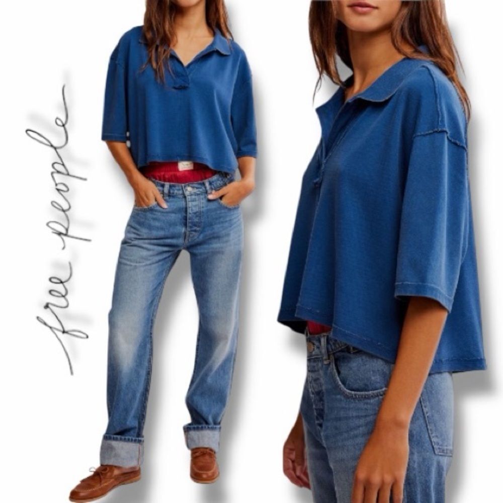 Free People Women’s Denmark Bellwether Blue Cropped Polo Shirt in Size X-Large